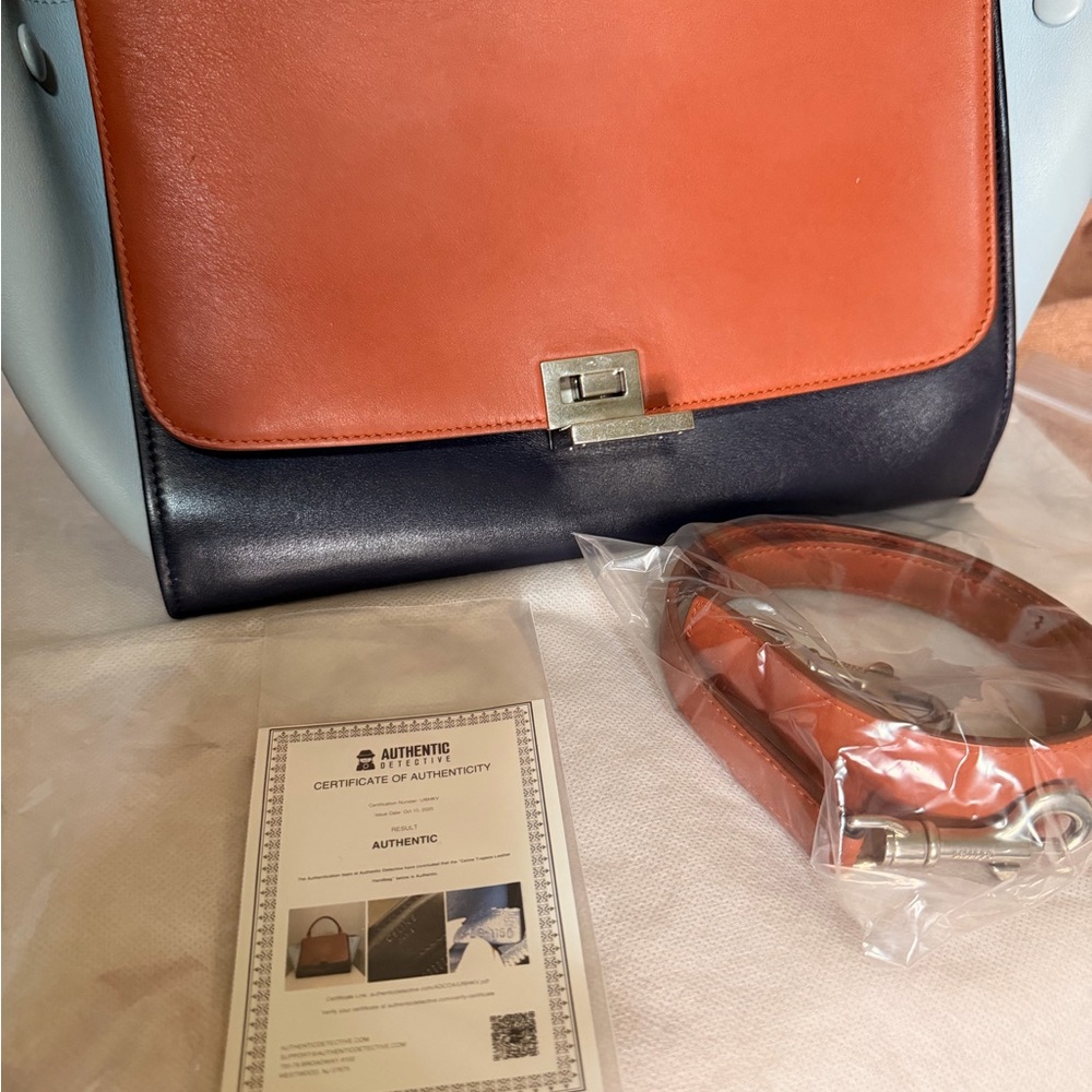 CELINE Trapeze Small Leather 2way Shoulder Bag Sky Blue& Navy & Brown - Picture 6 of 16